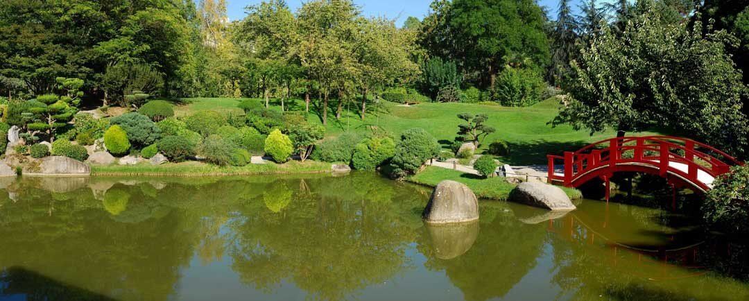 Jardin Japonais mural with red bridge, Zen garden, and greenery, ideal for indoor and outdoor spaces.