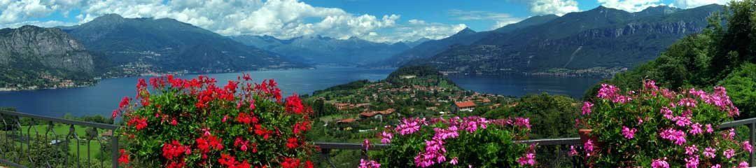 Lake Como mural with vibrant flowers and lake views, ideal for indoor and outdoor spaces.