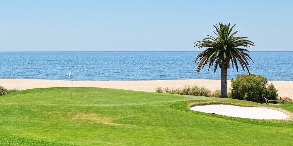 Algarve golf course mural with ocean views and palm trees, ideal for indoor and outdoor spaces.