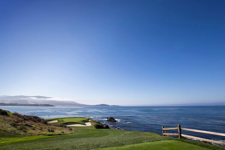 California coastal golf course with ocean views, ideal for indoor and outdoor spaces.