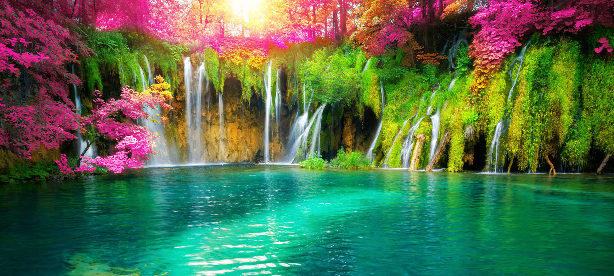 Mural of Plitvice Lakes waterfall and turquoise lake, perfect for indoor and outdoor spaces.