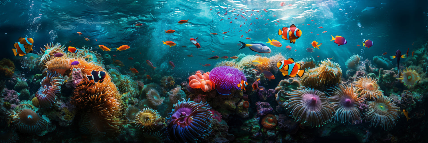 Panoramic coral reef mural with colorful fish, ideal for indoor and outdoor spaces.