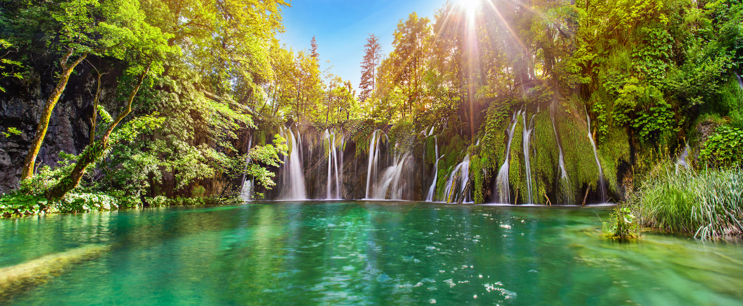 Panoramic mural of Plitvice Lakes waterfalls with turquoise waters, perfect for indoor and outdoor spaces.