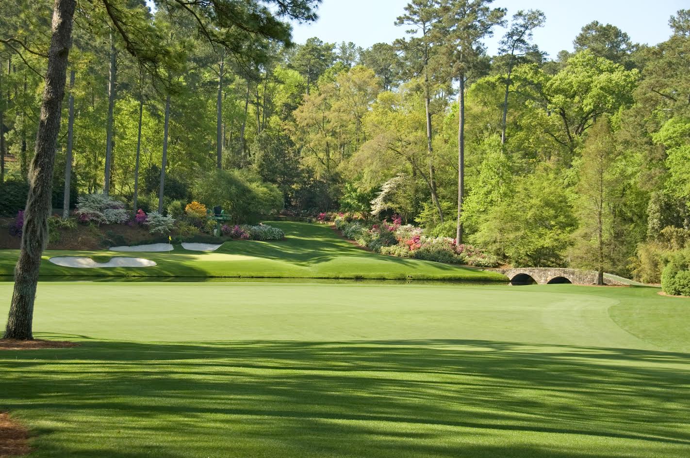 Augusta National 12th Hole mural with lush greens and azaleas, ideal for indoor and outdoor spaces.
