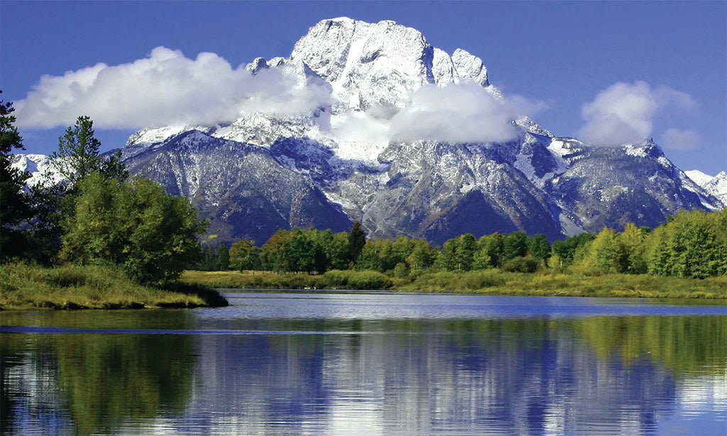 Mountain wall mural with scenic lake and natural landscape